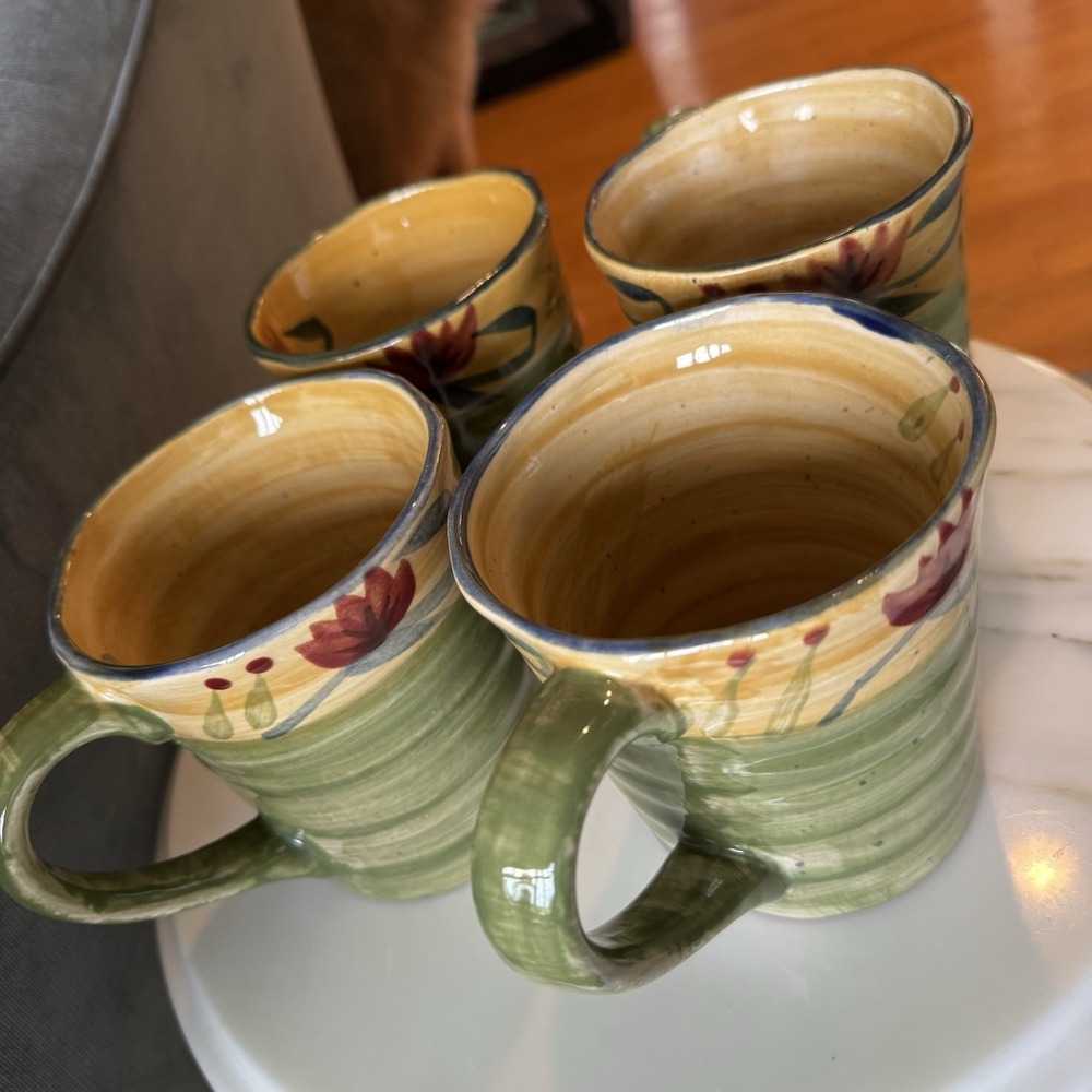 Pier 1 Elizabeth Hand Painted Stoneware Floral Green Blue Red Mugs (Lot of 4) - Picture 2 of 10